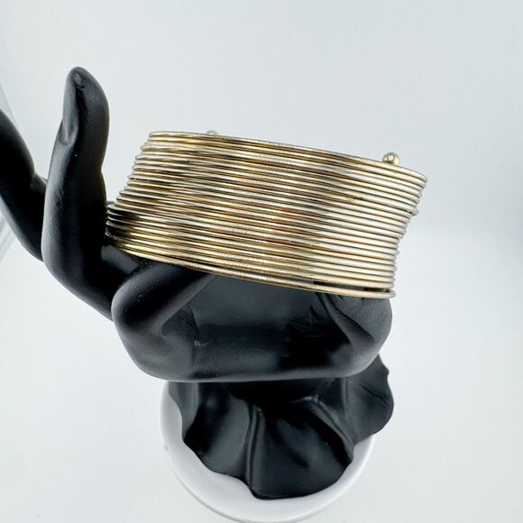 Vintage Gold Tone Wire Wrap Cuff Bracelet Modernist Wide Metal Statement Chunky - Picture 1 of 8